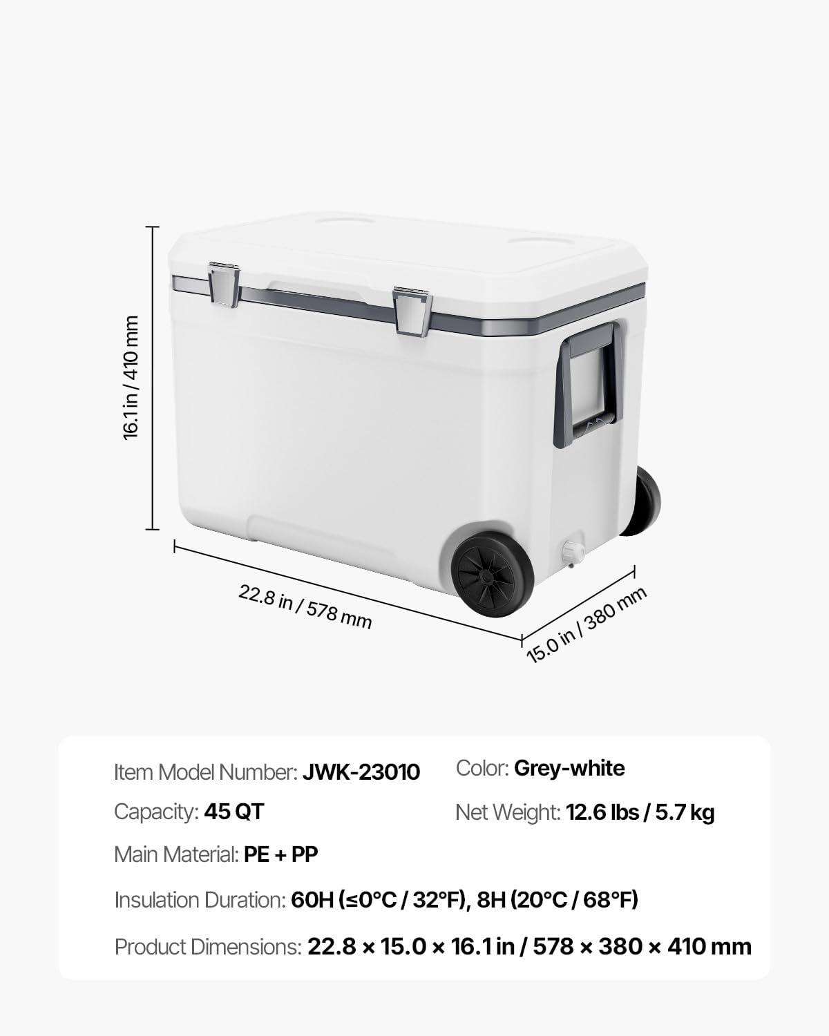 image:imageVEVOR UltraLight Hard Cooler Ice Retention Cooler with Heavy Duty Handle Ice Chest Lunch Box for Camping Travel Outdoor Keeps Cool for up to 6 Days 30 Lighter Than Rotomolded Coolers45 QT with wheels