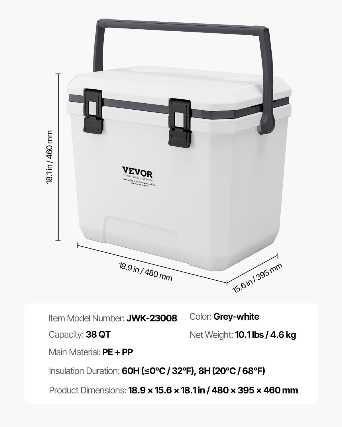 image:imageVEVOR UltraLight Hard Cooler Ice Retention Cooler with Heavy Duty Handle Ice Chest Lunch Box for Camping Travel Outdoor Keeps Cool for up to 6 Days 30 Lighter Than Rotomolded Coolers38 QT without wheels