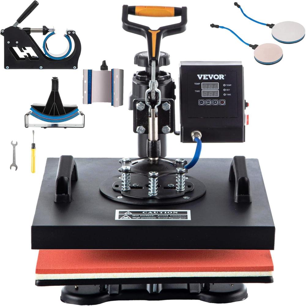 image:imageVEVOR 8 in 1 Heat Press Machine 15x15 Inch 360 Swing Away Tshirt Press Digital Professional Sublimation Heat Transfer for T Shirts Hat Cap Mug PlateBlack Red