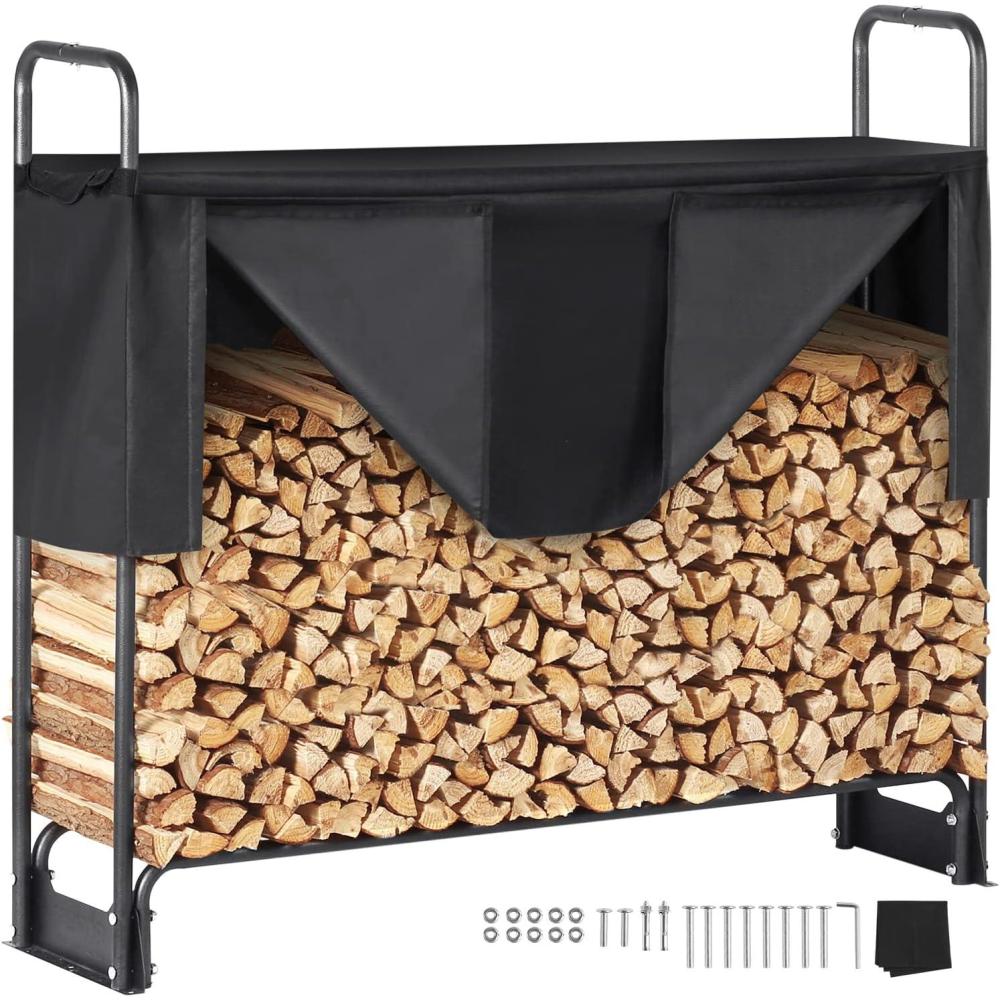 image:imageVEVOR 85FT Outdoor Firewood Rack with Cover 102x142x461 in Heavy Duty Firewood Holder amp 600D Oxford Waterproof Cover for Fireplace Patio IndoorOutdoor Log Storage Rack for 12 Cord of Firewood43 FT