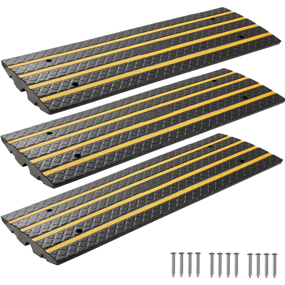 image:imageVEVOR Car Driveway Rubber Curb Ramp 2 Pack 488inchLong Heavy Duty Low Profile Slope Ramps 26 Rise 33069 lbs Load Capacity Reflective Safety Strips for Vehicles RVs and Wheelchairs3Pack4FTlong
