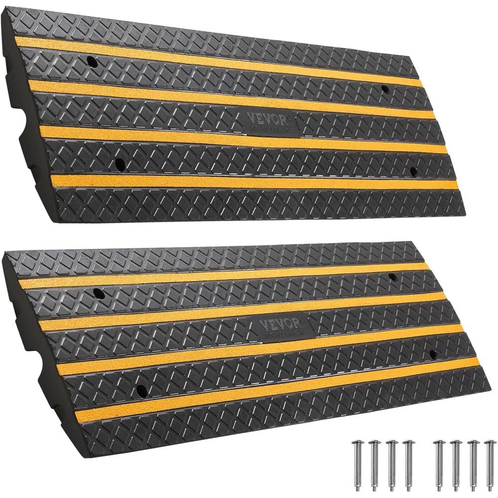 image:imageVEVOR Car Driveway Rubber Curb Ramp 2 Pack 488inchLong Heavy Duty Low Profile Slope Ramps 26 Rise 33069 lbs Load Capacity Reflective Safety Strips for Vehicles RVs and Wheelchairs488inchLong 2 Pack