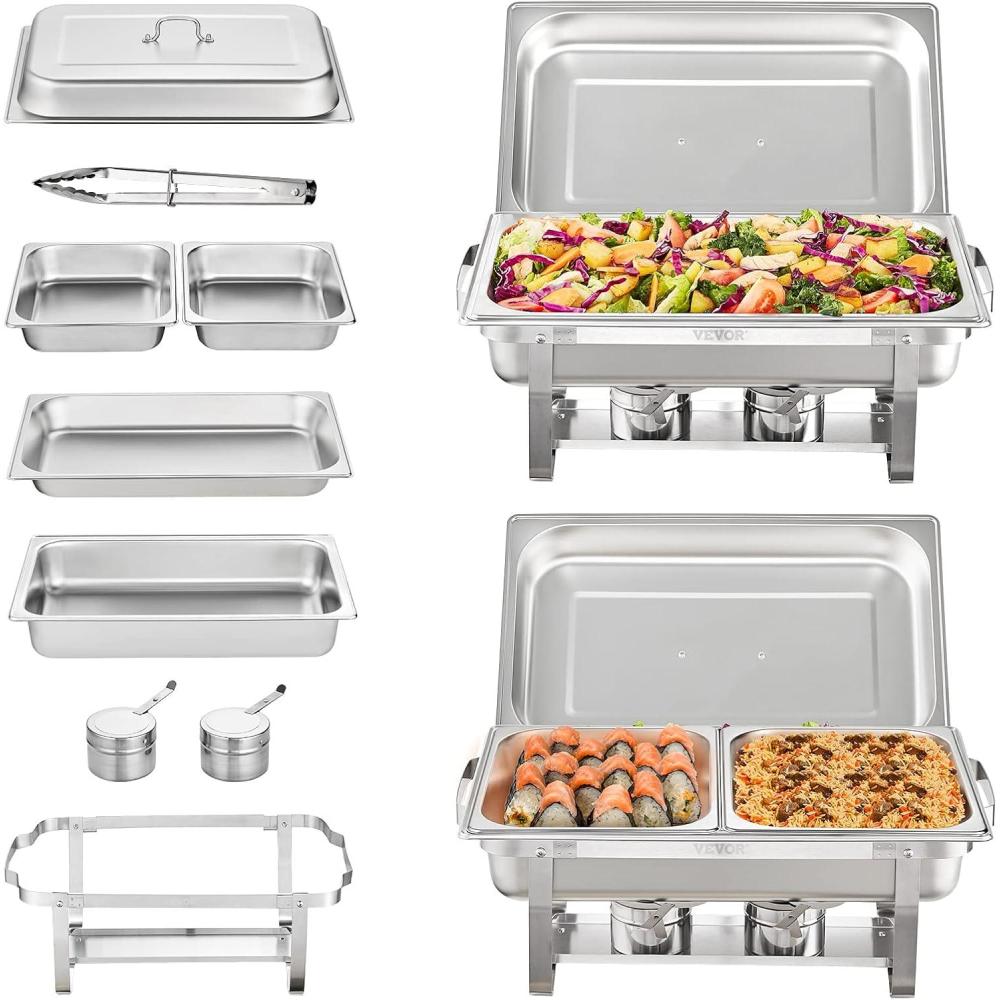 image:imageVEVOR Chafing Dish Buffet Set 8 Qt 6 Pack Stainless Steel Chafer with 6 Full Size Pans Rectangle Catering Warmer Server with Lid Water Pan Stand Fuel Holder for Weddings Parties Banquets SilverSilver