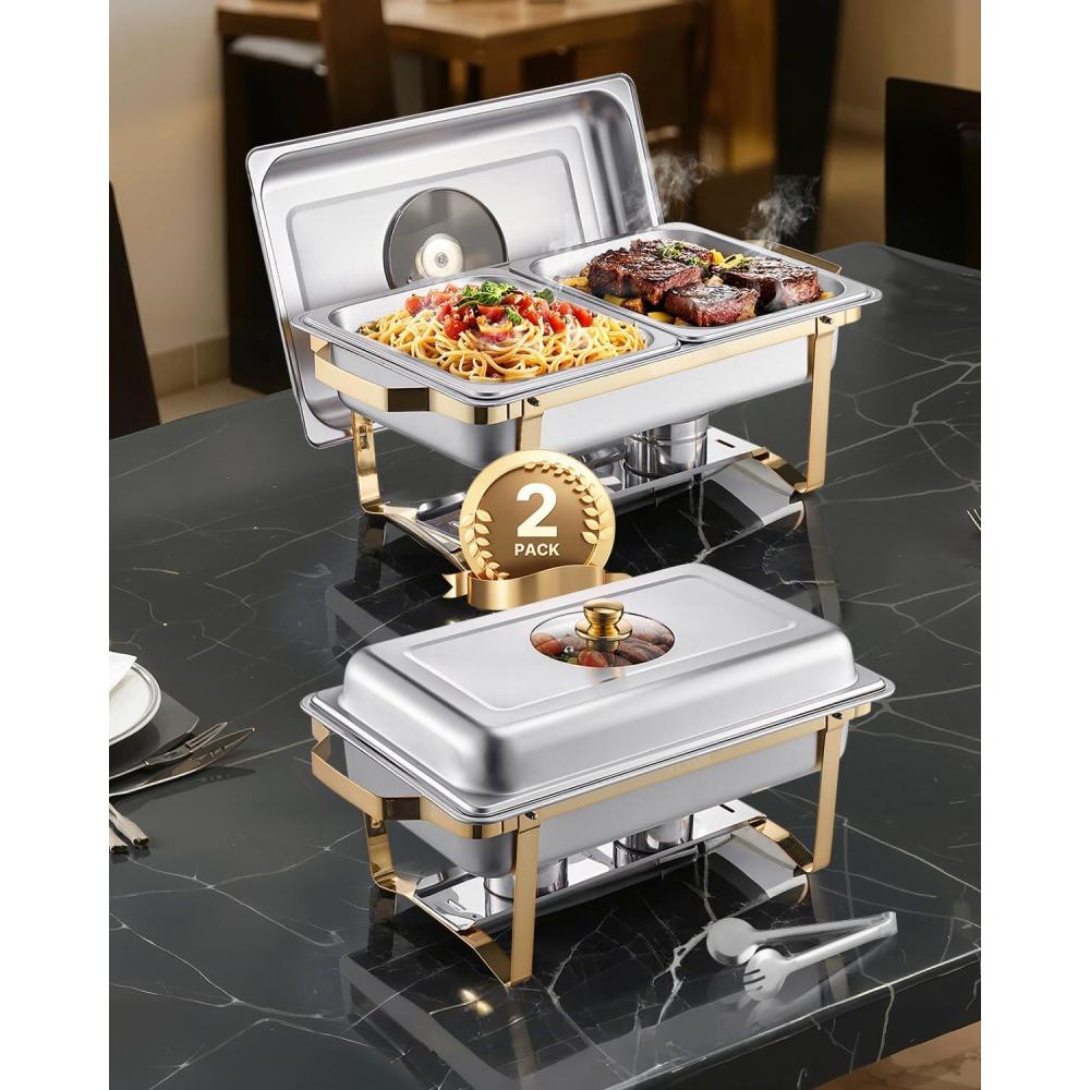 image:imageVEVOR Chafing Dish Buffet Set 8 Qt 6 Pack Stainless Steel Chafer with 6 Full Size Pans Rectangle Catering Warmer Server with Lid Water Pan Stand Fuel Holder for Weddings Parties Banquets SilverGold