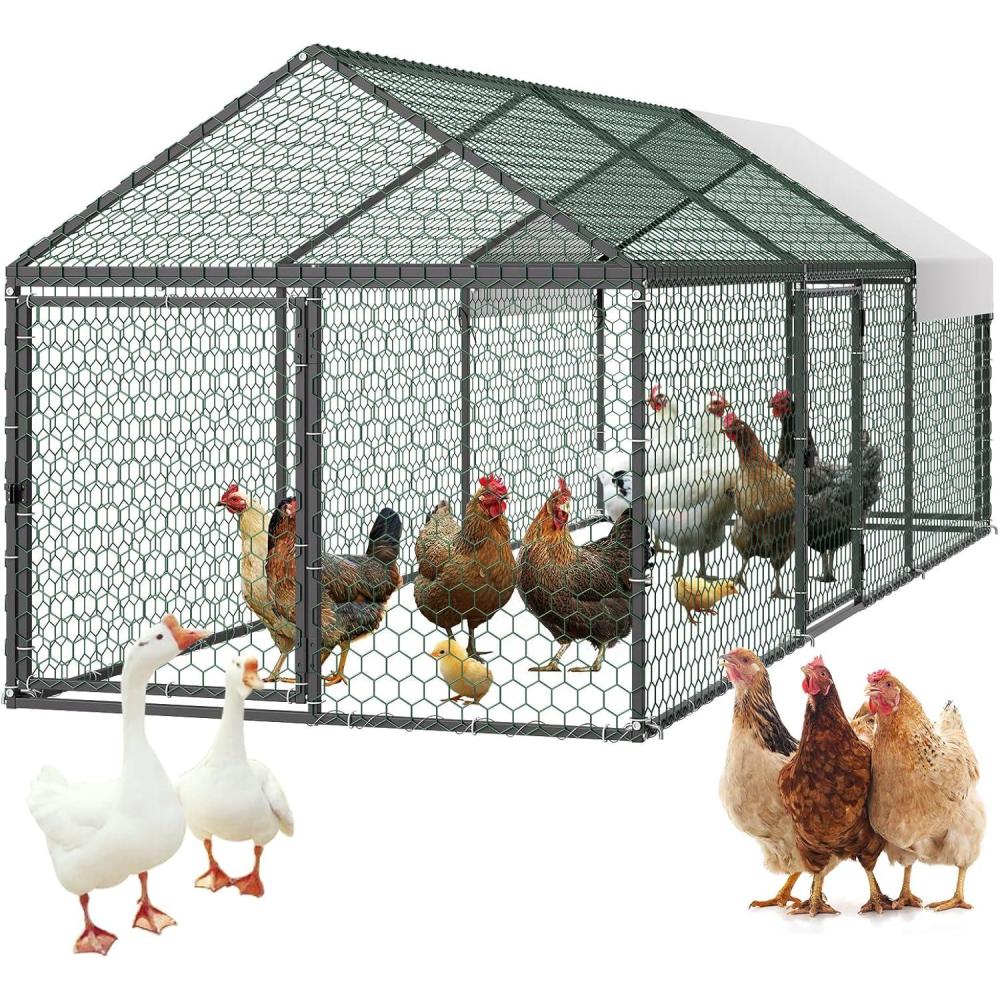 image:imageVEVOR Large Metal Chicken Coop 197x98x65ft Walkin Chicken Runs for Yard with Cover Spire Roof Hen House with Security Lock for Outdoor and Backyard Farm Duck Rabbit Cage Poultry PenBlack Spire Roof
