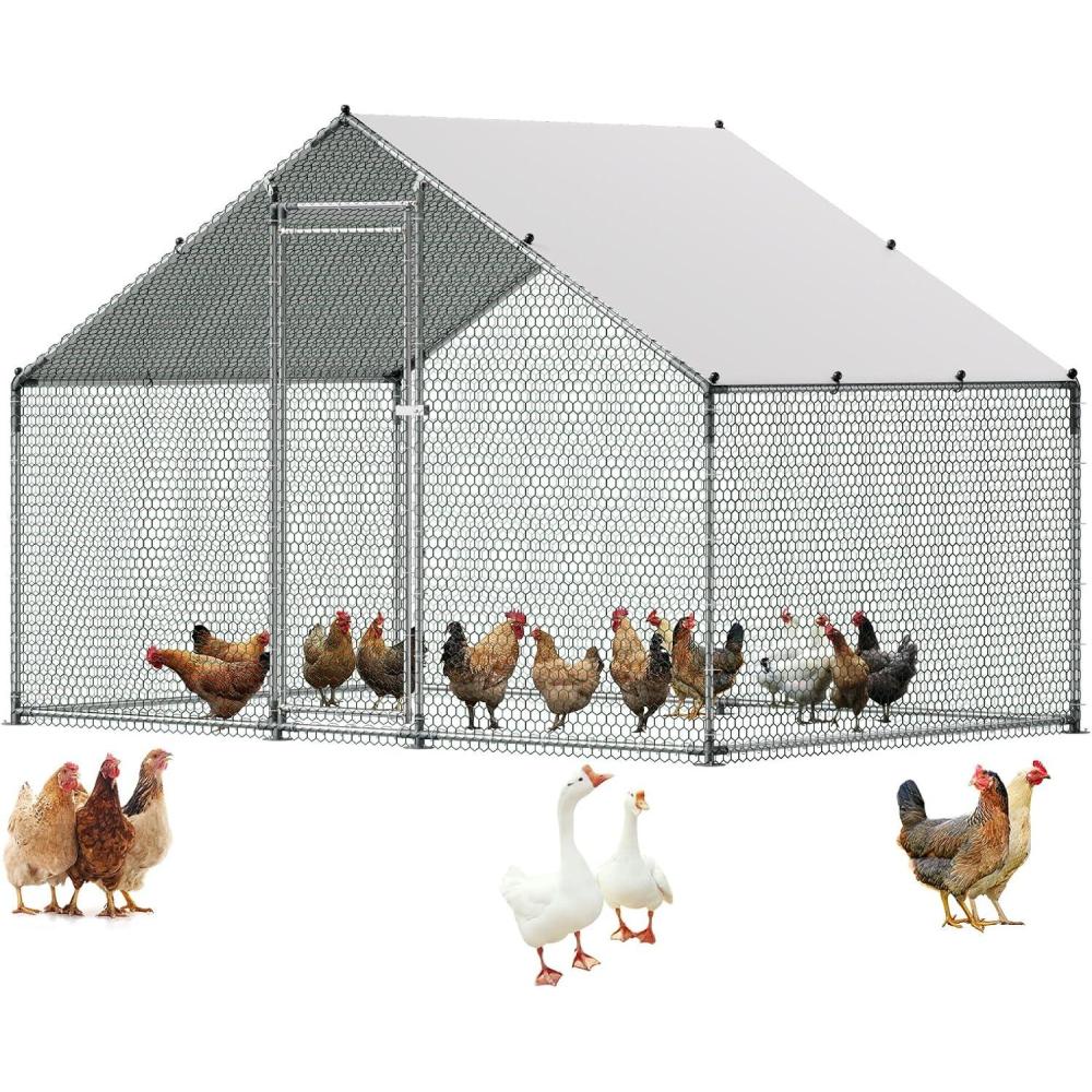 image:imageVEVOR Large Metal Chicken Coop 197x98x65ft Walkin Chicken Runs for Yard with Cover Spire Roof Hen House with Security Lock for Outdoor and Backyard Farm Duck Rabbit Cage Poultry PenSilver Spire Roof