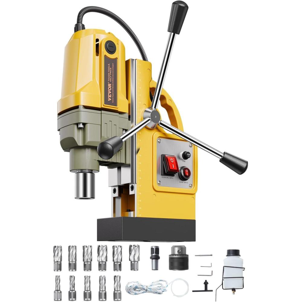 image:imageVEVOR Magnetic Drill 1450W Motor 16 in Boring Diameter 2810 lbf Portable Electric Mag Drill Press with 2 Coring Bits Variable Speed Drilling Machine for Metal Surface Home Improvement IndustryW 16 11pcs  Yellow