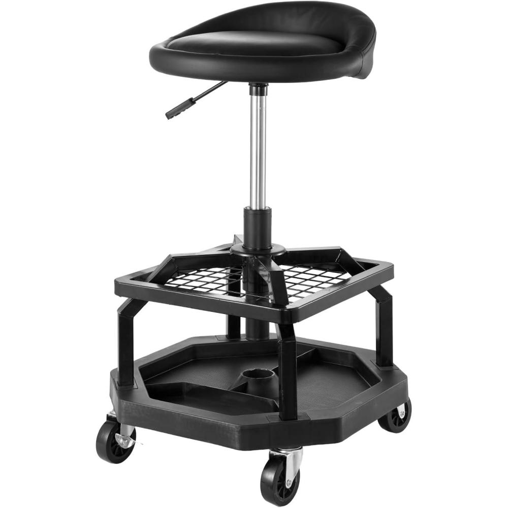 image:imageVEVOR Mechanic Stool Dual Storage Trays Rolling Stool and Garage Stool with Adjustable Height 236295 inSoft Waterproof Cushion 360 Swivel Casters 330 LBS Capacity Heavy DutyAdjustable Height StoolBlack