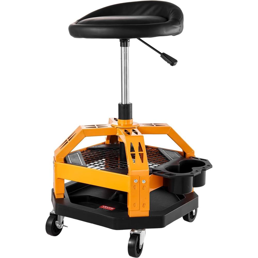 image:imageVEVOR Mechanic Stool Dual Storage Trays Rolling Stool and Garage Stool with Adjustable Height 236295 inSoft Waterproof Cushion 360 Swivel Casters 330 LBS Capacity Heavy DutyAdjustable Height StoolOrange