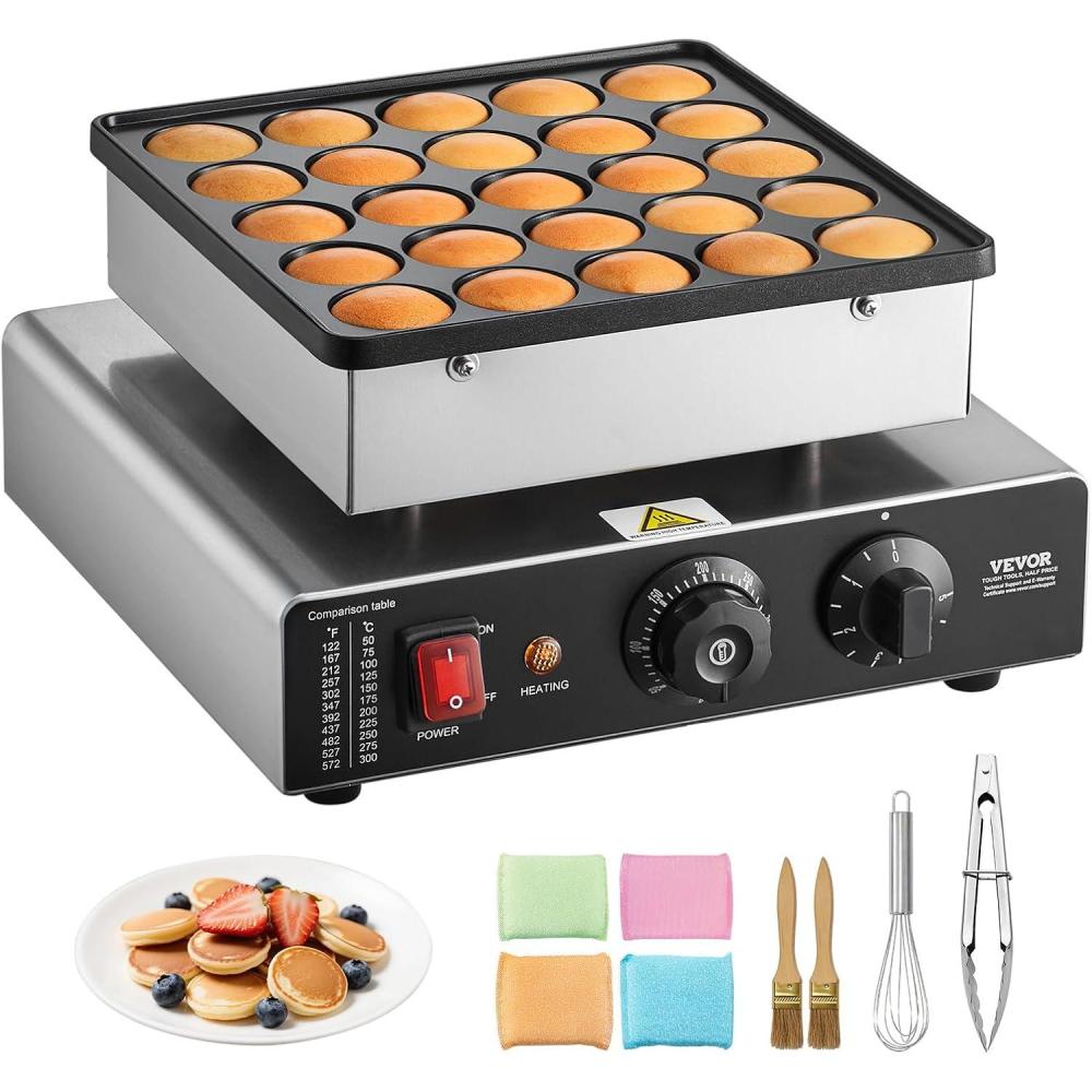 image:imageVEVOR Mini Pancake Maker 25PCS 43mm Diameter Dutch Muffin Waffle Baker Nonstick Stainless Steel Poffertjes Grill Commercial Electric Dorayaki Machine Temp amp Time Control Home Kitchen Restaurant25pcs