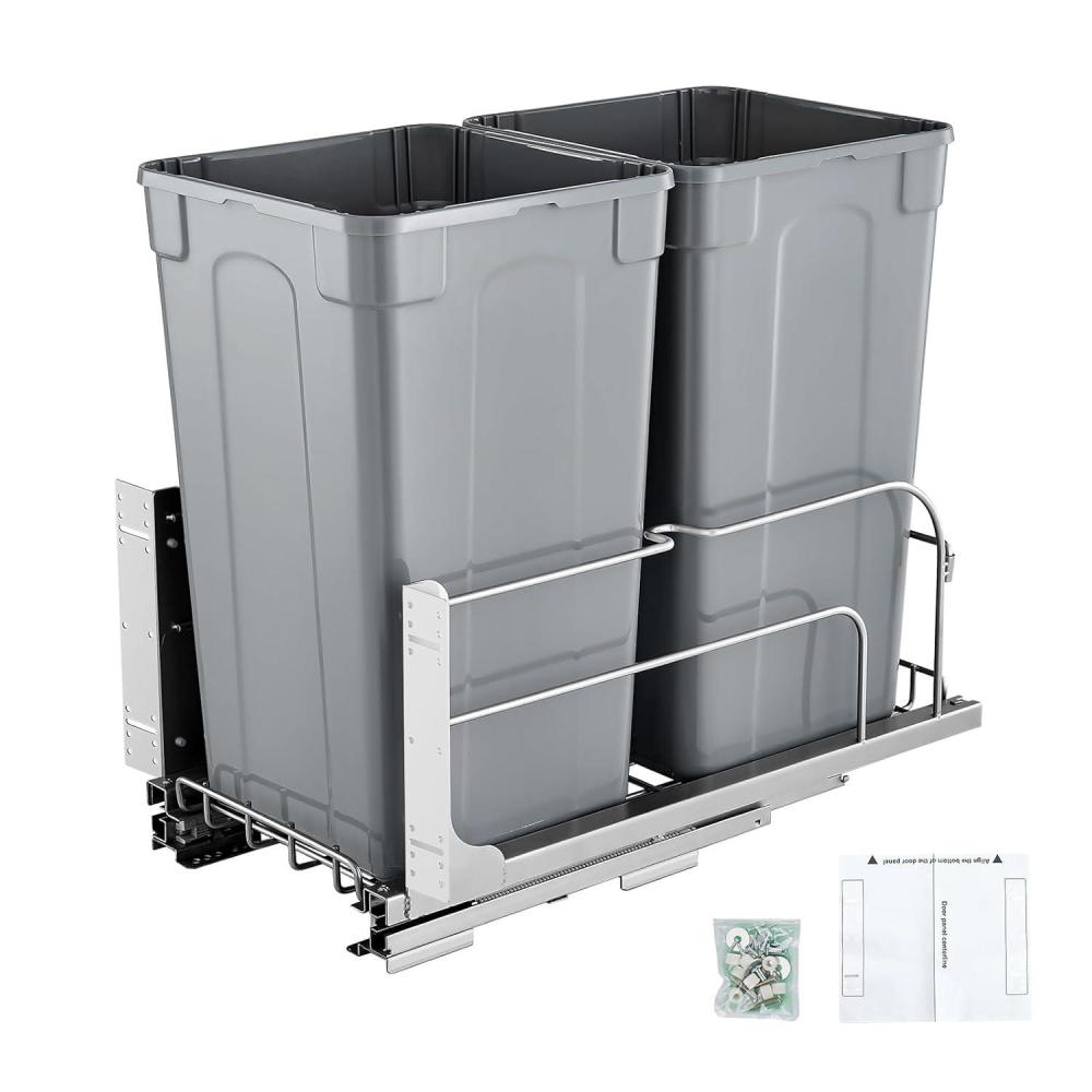image:imageVEVOR PullOut Trash Can 27 QT x2 Double Under Mount Kitchen Waste Container Heavy Duty Garbage Recycling Bin with Door Kit and Soft Close Slide for Kitchen Cabinet Sink Under Counter Grey54QT