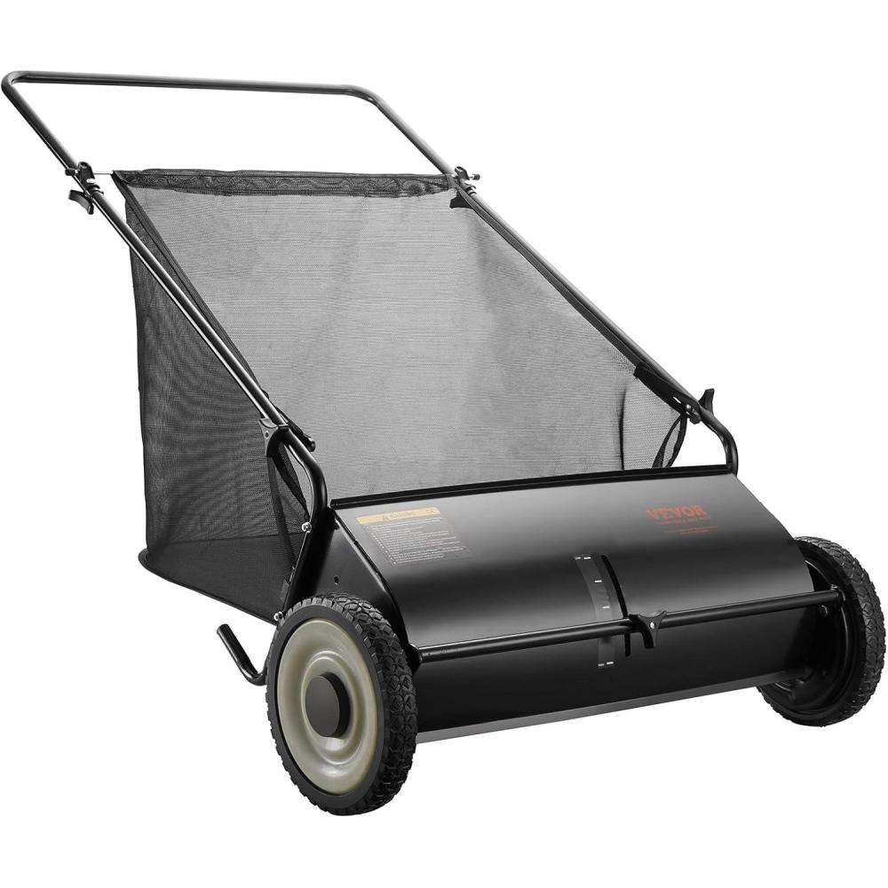 image:imageVEVOR Push Lawn Sweeper 26 Inch Leaf amp Grass Collector Strong Rubber Wheels amp Heavy Duty Thickened Steel Durable to Use with Large Capacity 7 ft Mesh Collection Bag 4 Spinning Brushes26 inch