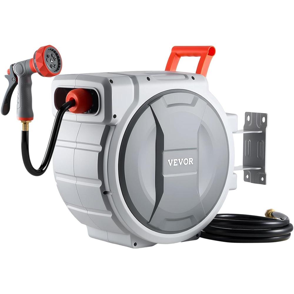 image:imageVEVOR Retractable Garden Hose Reel 12 Inch x 65 ft Wall Mounted Heavy Duty Garden Hose Reel with 9 Patterns Nozzle Any Length Lock Upgraded Slow Return System and 180Swivel Bracket12 100ft