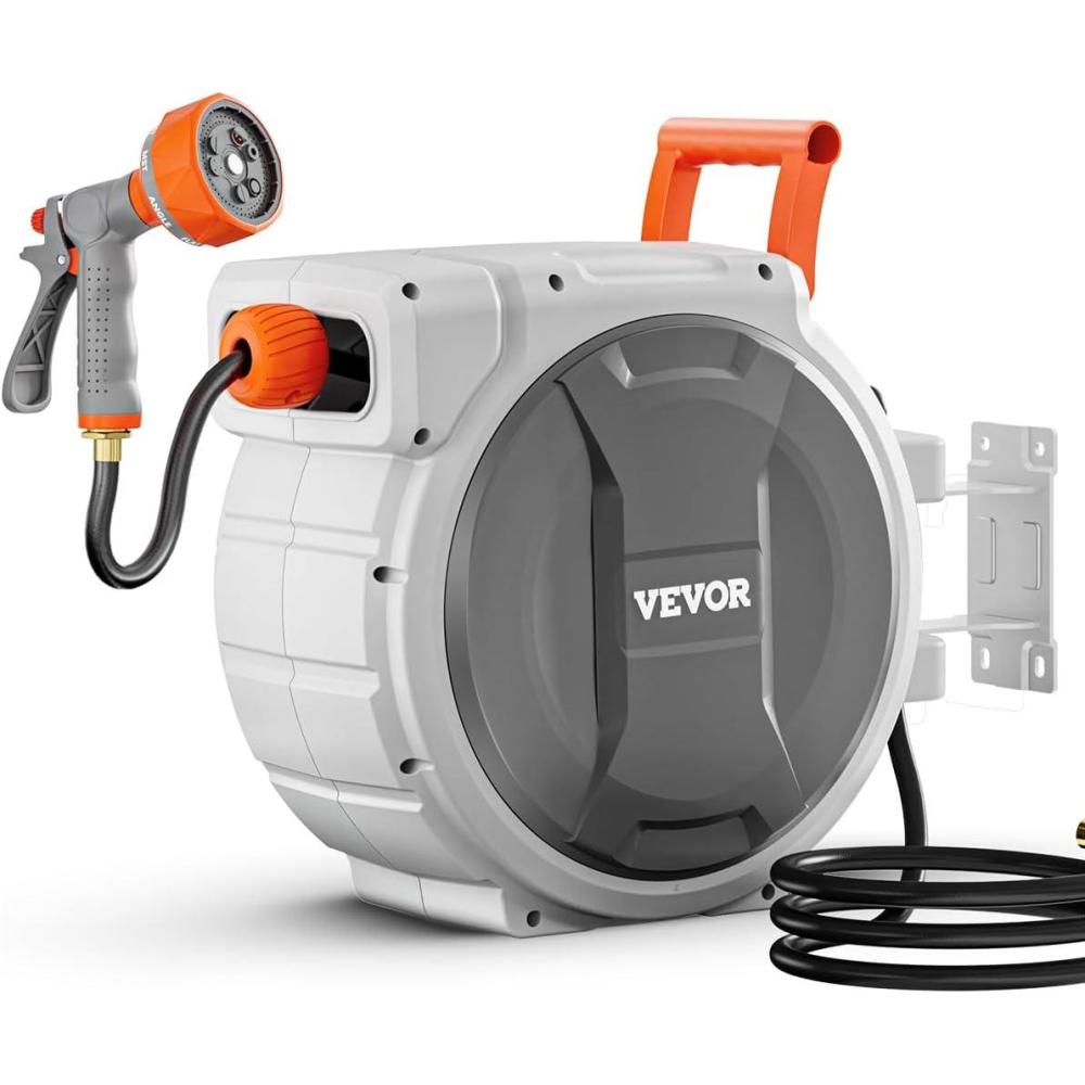 image:imageVEVOR Retractable Garden Hose Reel 12 Inch x 65 ft Wall Mounted Heavy Duty Garden Hose Reel with 9 Patterns Nozzle Any Length Lock Upgraded Slow Return System and 180Swivel Bracket100ft