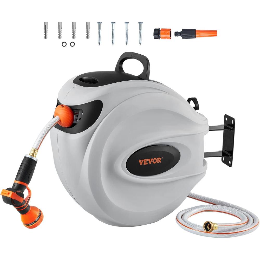 image:imageVEVOR Retractable Hose Reel 65 ft x 58 inch 180 Swivel Bracket WallMounted Garden Water Hose Reel with 9Pattern Nozzle Automatic Rewind Lock at Any Length and Slow Return System130 ft