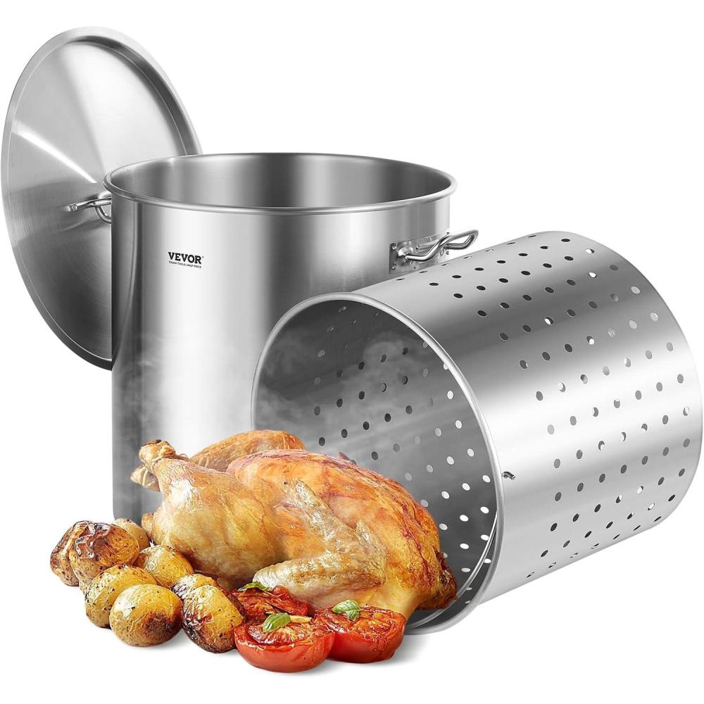 image:imageVEVOR Stainless Steel Stockpot 84 Quart Large Cooking Pots Cookware Sauce Pot with Basket Lid and Handle Heavy Duty Commercial Grade Stock Pot Sanding Treatment for Large Groups Events Silver100 Quarts