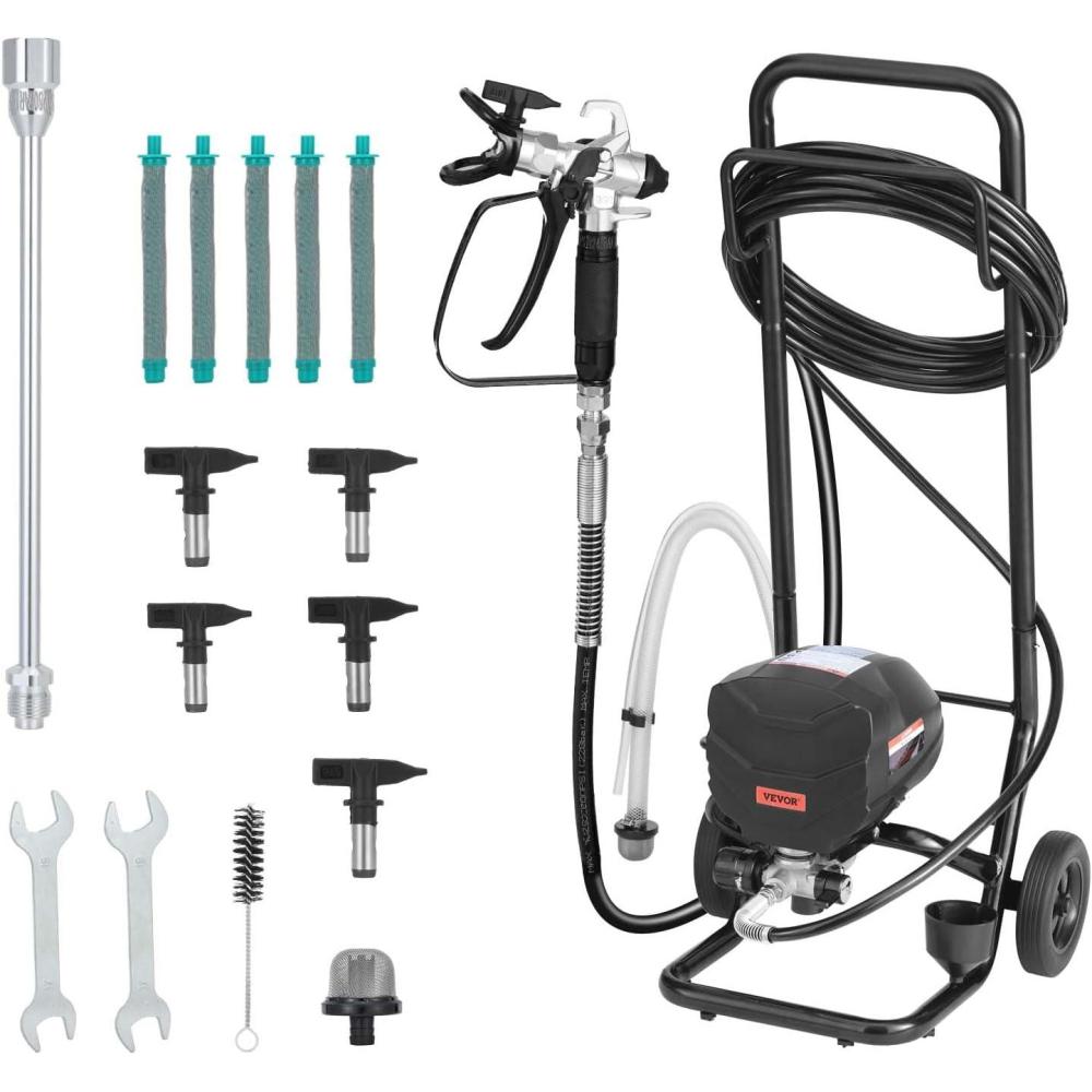 image:imageVEVOR Stand Airless Paint Sprayer 900W 3300PSI High Pressure Airless Sprayer Cleaning Brush Hose Extension Rod Nozzles Electric Spray Paint Machine for Interior or Exterior of House Fence650W WheeledAirless Paint Sprayer