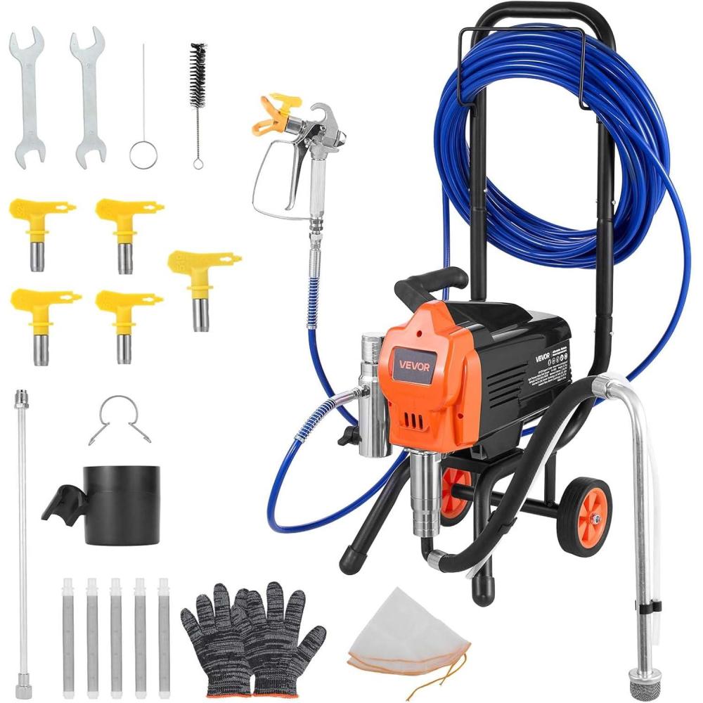 image:imageVEVOR Stand Airless Paint Sprayer 900W 3300PSI High Pressure Airless Sprayer Cleaning Brush Hose Extension Rod Nozzles Electric Spray Paint Machine for Interior or Exterior of House Fence1500W WheeledAirless Paint Sprayer