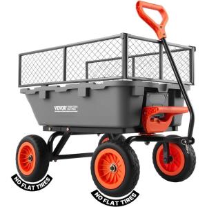 VEVOR 1200lbs 7Cu.Ft. Garden Dump Cart with 2-in-1 Convertible Handle and 13in All Terrain Wheels, Heavy Duty Poly Yard Dump Wagon Utility ATV Trailer Dump Cart Tow Behind for Lawn Mower Tractor(Upgraded 800LBS & Flat Free Tires)
