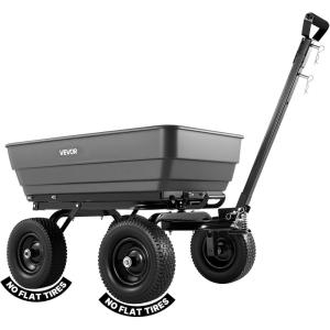 VEVOR 1200lbs 7Cu.Ft. Garden Dump Cart with 2-in-1 Convertible Handle and 13in All Terrain Wheels, Heavy Duty Poly Yard Dump Wagon Utility ATV Trailer Dump Cart Tow Behind for Lawn Mower Tractor(1200LBS & Flat Free Tires)