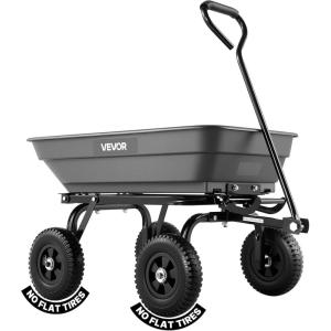 VEVOR 1200lbs 7Cu.Ft. Garden Dump Cart with 2-in-1 Convertible Handle and 13in All Terrain Wheels, Heavy Duty Poly Yard Dump Wagon Utility ATV Trailer Dump Cart Tow Behind for Lawn Mower Tractor(400LBS & Flat Free Tires)