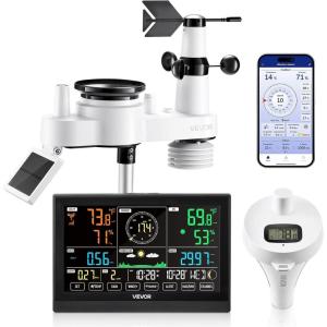 VEVOR 7-in-1 Wi-Fi Weather Station with APP, 7.5-Inch VA Display, Wireless Solar Powered Outdoor Sensor, Rain Gauge, Indoor Outdoor for Weather Forecast, Wind Speed, Temperature, Humidity, Rainfall(7in1 WiFi with Pool Thermometer)