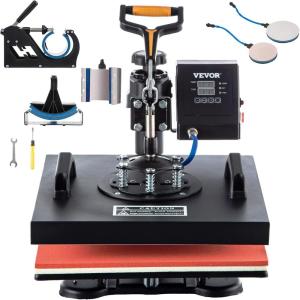 VEVOR 8 in 1 Heat Press Machine 15×15 Inch, 360° Swing Away Tshirt Press, Digital Professional Sublimation Heat Transfer for T Shirts Hat Cap Mug Plate(Black & Red)