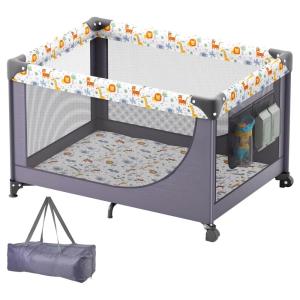 VEVOR Baby Travel Crib and Play Yard, Folding Baby Playpen with Soft Mattress Pad, Portable Toddlers Crib with Breathable Mesh and Travel Bag, Indoor/Outdoor Kid Activity Center for 0-36 Months Babies