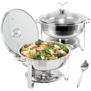 VEVOR Chafing Dish Buffet Set, 5 Qt 4 Pack, Stainless Steel Chafer with 4 Full Size Pan, Round Catering Warmer Server with Glass Lid Water Pan Folding Stand Fuel Holder, for Wedding Banquet, Gold(Silver)
