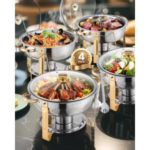 VEVOR Chafing Dish Buffet Set, 5 Qt 4 Pack, Stainless Steel Chafer with 4 Full Size Pan, Round Catering Warmer Server with Glass Lid Water Pan Folding Stand Fuel Holder, for Wedding Banquet, Gold(Gold)