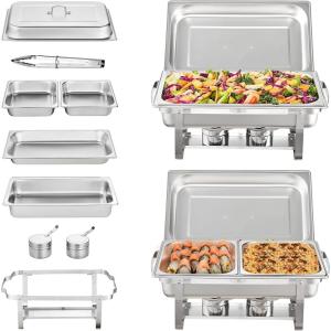 VEVOR Chafing Dish Buffet Set, 8 Qt 6 Pack, Stainless Steel Chafer with 6 Full Size Pans, Rectangle Catering Warmer Server with Lid Water Pan Stand Fuel Holder, for Weddings Parties Banquets, Silver(Silver)