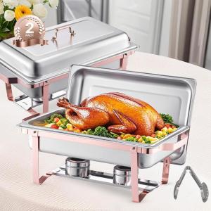 VEVOR Chafing Dish Buffet Set, 8 Qt 6 Pack, Stainless Steel Chafer with 6 Full Size Pans, Rectangle Catering Warmer Server with Lid Water Pan Stand Fuel Holder, for Weddings Parties Banquets, Silver(Rose Gold)