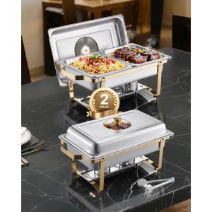 VEVOR Chafing Dish Buffet Set, 8 Qt 6 Pack, Stainless Steel Chafer with 6 Full Size Pans, Rectangle Catering Warmer Server with Lid Water Pan Stand Fuel Holder, for Weddings Parties Banquets, Silver(Gold)