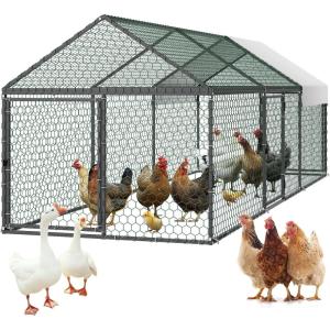 VEVOR Large Metal Chicken Coop, 19.7×9.8×6.5ft Walk-in Chicken Runs for Yard with Cover, Spire Roof Hen House with Security Lock for Outdoor and Backyard, Farm, Duck Rabbit Cage Poultry Pen(Black – Spire Roof)