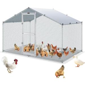 VEVOR Large Metal Chicken Coop, 19.7×9.8×6.5ft Walk-in Chicken Runs for Yard with Cover, Spire Roof Hen House with Security Lock for Outdoor and Backyard, Farm, Duck Rabbit Cage Poultry Pen(Silver – Spire Roof with Split Door)