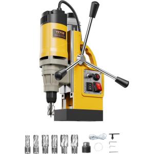 VEVOR Magnetic Drill, 1450W Motor 1.6 in Boring Diameter, 2810 lbf Portable Electric Mag Drill Press, with 2 Coring Bits, Variable Speed, Drilling Machine for Metal Surface, Home Improvement Industry(W/ 2′ 6pcs – Yellow)