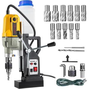 VEVOR Magnetic Drill, 1450W Motor 1.6 in Boring Diameter, 2810 lbf Portable Electric Mag Drill Press, with 2 Coring Bits, Variable Speed, Drilling Machine for Metal Surface, Home Improvement Industry(w/ 1.6″ 11pcs)