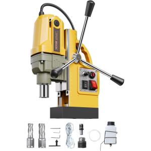 VEVOR Magnetic Drill, 1450W Motor 1.6 in Boring Diameter, 2810 lbf Portable Electric Mag Drill Press, with 2 Coring Bits, Variable Speed, Drilling Machine for Metal Surface, Home Improvement Industry(W/ 1.6” 2pcs – Yellow)