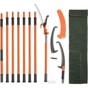 VEVOR Manual Pole Saw, 7.3-27 ft Extendable Tree Pruner, Sharp Steel Blade and Scissors High Branches Trimming, Branch Trimmer with Lightweight 8 Fiberglass Handles, for Pruning Palms and Shrubs(Pole Saw with Scissors – Pro)