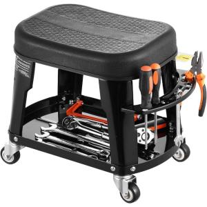 VEVOR Mechanic Stool Dual Storage Trays Rolling Stool and Garage Stool with Adjustable Height 23.6–29.5 in,Soft Waterproof Cushion 360° Swivel Casters 330 LBS Capacity Heavy Duty(Short Stool)