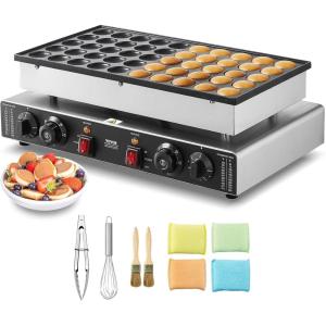 VEVOR Mini Pancake Maker, 25PCS 43mm Diameter Dutch Muffin Waffle Baker, Non-stick Stainless Steel Poffertjes Grill, Commercial Electric Dorayaki Machine, Temp & Time Control, Home Kitchen Restaurant(50pcs)