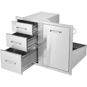 VEVOR Pull-Out Trash Drawer 13.4″W x 25.7″H x 19.6″D Lower Sliding Rails Steel Roll-Out Trash Bin Pull-Out Tray Outdoor Handled Kitchen Trash Drawer for BBQ Island Grill Station Trash Can NOT Included(Drawer+Door Combo)