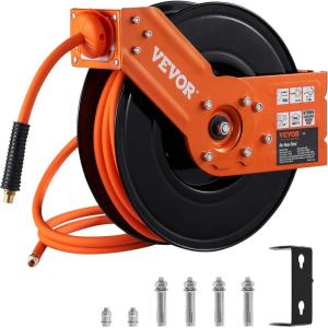 VEVOR Retractable Air Hose Reel, 3/8 IN x 50 FT Hybrid Air Hose Max 300PSI, Air Compressor Hose Reel with 5 ft Lead in, Ceiling/Wall Mount Heavy Duty Single Arm Steel Reel(Open Reel)