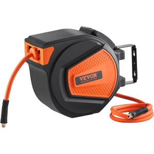 VEVOR Retractable Air Hose Reel, 3/8 IN x 50 FT Hybrid Air Hose Max 300PSI, Air Compressor Hose Reel with 5 ft Lead in, Ceiling/Wall Mount Heavy Duty Single Arm Steel Reel(Enclosed Reel)