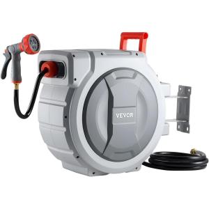 VEVOR Retractable Garden Hose Reel, 1/2 Inch x 65 ft Wall Mounted, Heavy Duty Garden Hose Reel with 9 Patterns Nozzle, Any Length Lock, Upgraded Slow Return System and 180°Swivel Bracket(1/2″ 130ft)