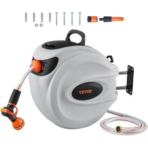 VEVOR Retractable Hose Reel, 65 ft x 5/8 inch, 180° Swivel Bracket Wall-Mounted, Garden Water Hose Reel with 9-Pattern Nozzle, Automatic Rewind, Lock at Any Length, and Slow Return System(115 ft)
