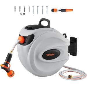 VEVOR Retractable Hose Reel, 65 ft x 5/8 inch, 180° Swivel Bracket Wall-Mounted, Garden Water Hose Reel with 9-Pattern Nozzle, Automatic Rewind, Lock at Any Length, and Slow Return System(65 ft)