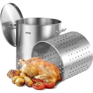 VEVOR Stainless Steel Stockpot, 84 Quart Large Cooking Pots, Cookware Sauce Pot with Basket, Lid, and Handle, Heavy Duty Commercial Grade Stock Pot, Sanding Treatment, for Large Groups Events Silver(63.9 Quarts)