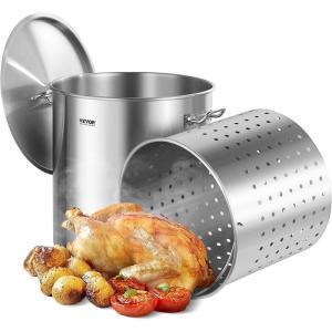 VEVOR Stainless Steel Stockpot, 84 Quart Large Cooking Pots, Cookware Sauce Pot with Basket, Lid, and Handle, Heavy Duty Commercial Grade Stock Pot, Sanding Treatment, for Large Groups Events Silver(100 Quarts)