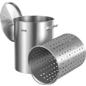 VEVOR Stainless Steel Stockpot, 84 Quart Large Cooking Pots, Cookware Sauce Pot with Basket, Lid, and Handle, Heavy Duty Commercial Grade Stock Pot, Sanding Treatment, for Large Groups Events Silver(35.9 Quarts)